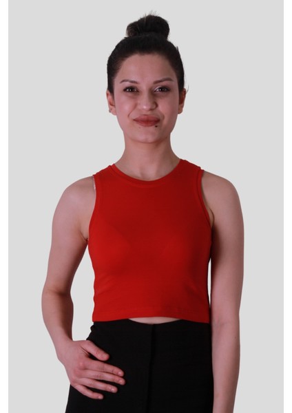 Crop Kırmızı Kadın Kolsuz T-Shirt 587-04 modelleri