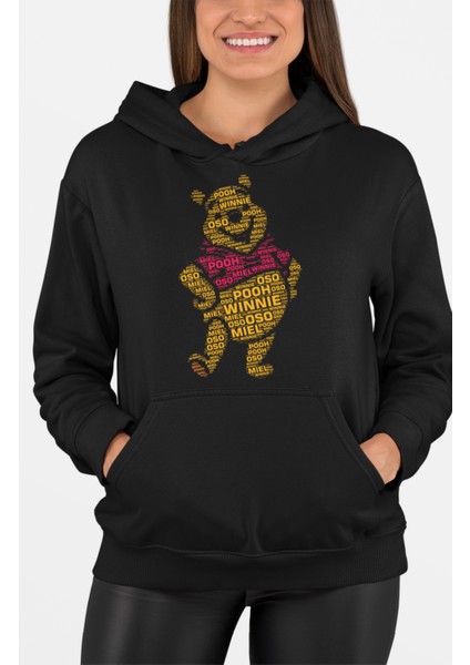 Ayı Winnie Kaligrafik Baskılı Kapüşonlu Sweatshirt