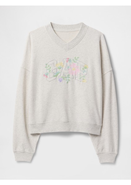 Kadın Gri Gap Logo Vintage Soft Havlu Kumaş Wedge V Yaka Sweatshirt