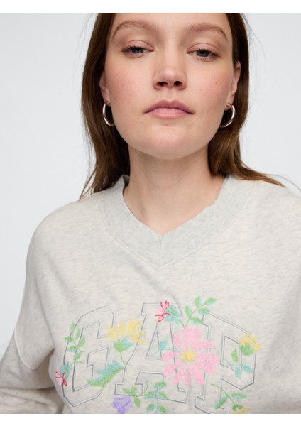 Kadın Gri Gap Logo Vintage Soft Havlu Kumaş Wedge V Yaka Sweatshirt