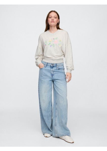 Kadın Gri Gap Logo Vintage Soft Havlu Kumaş Wedge V Yaka Sweatshirt