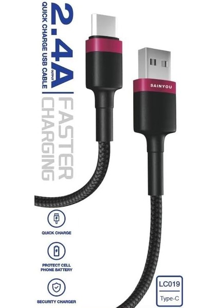 2.4A Super Fast Hızlı Type C Aaa+ Kalite Hasır Şarj ve Data Cable Kablosu LC019 Type C