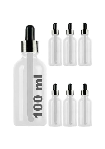 100 ml Metal Kapaklı Damlalık Dropper Şişesi Serum 100 cc Cam Şişe 6 Adet (Siyah Kapak, Şeffaf)