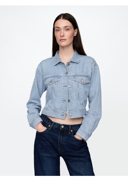 Kadın Mavi Ultrasoft Icon Denim Çizgili Crop Ceket