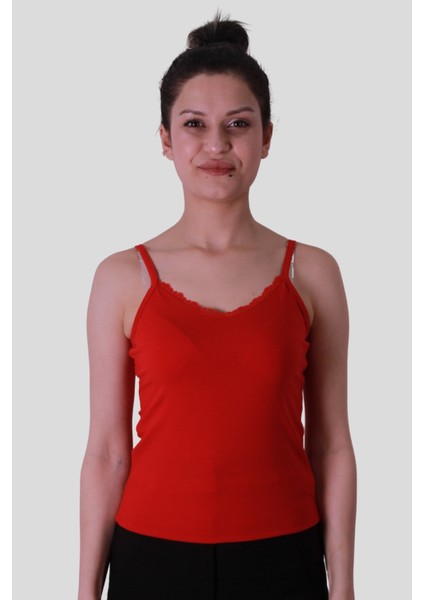 Ip Askılı Dantel Kırmızı Kadın Kolsuz T-Shirt 583-04