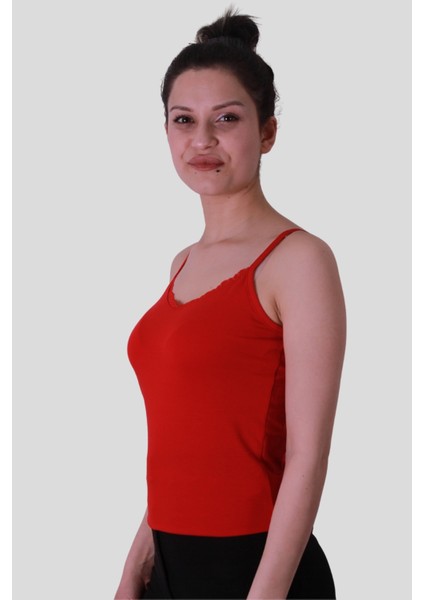 Ip Askılı Dantel Kırmızı Kadın Kolsuz T-Shirt 583-04
