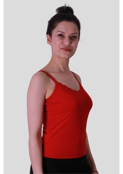 Ip Askılı Dantel Kırmızı Kadın Kolsuz T-Shirt 583-04