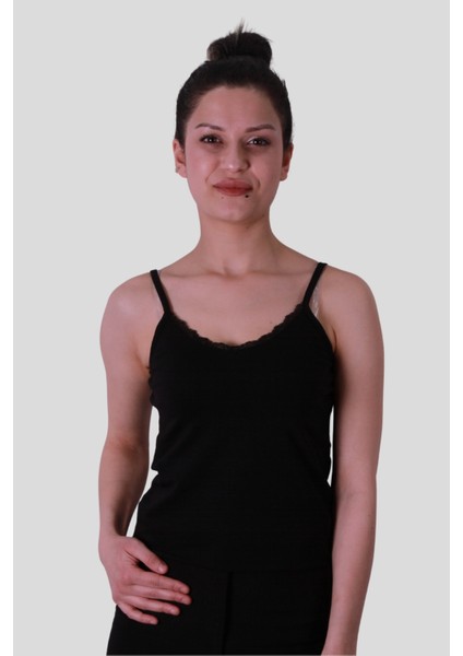 Ip Askılı Dantel Siyah Kadın Kolsuz T-Shirt 583-04