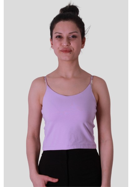 Crop Lastik Askı Lila Kadın Kolsuz T-Shirt 582-04