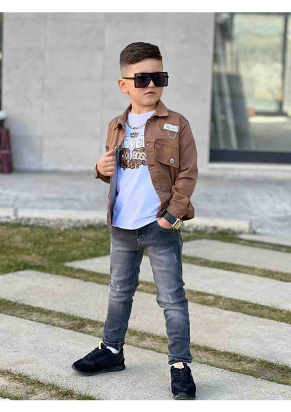 Erkek Çocuk Kot Pantalon Gabardin Zincir Detaylı Kot Ceket ve Tişört Takım Bayramlık Kombin