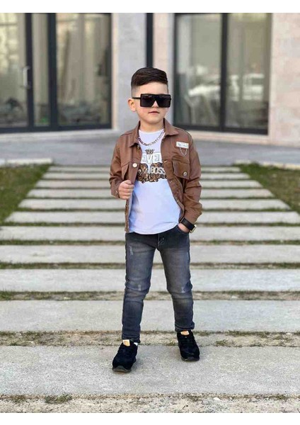 Erkek Çocuk Kot Pantalon Gabardin Zincir Detaylı Kot Ceket ve Tişört Takım Bayramlık Kombin fiyatları