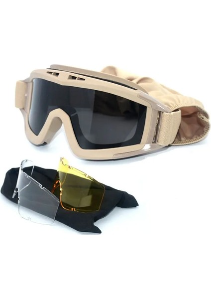 Taktikal Gözlük 3 Lensli Koruyucu Maske / Tactical Gözlük / Airsoft ve Motosiklet Gözlüğü
