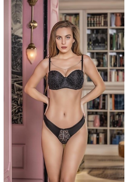 Simli Straplez Lotus Sütyen ve Slip Külot Takım Siyah (BRF31541)