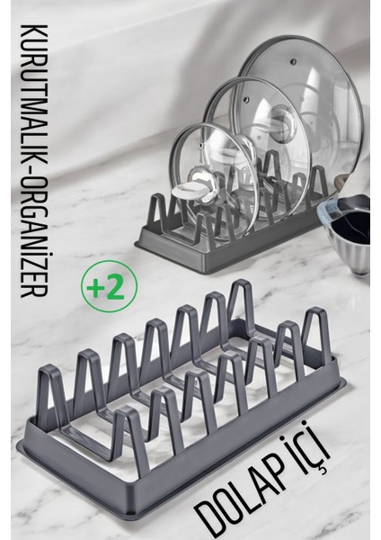 2 Adet Tabak Düzenleyici Kurutmalık Dolap Içi Tencere Kapak Organizer Gri