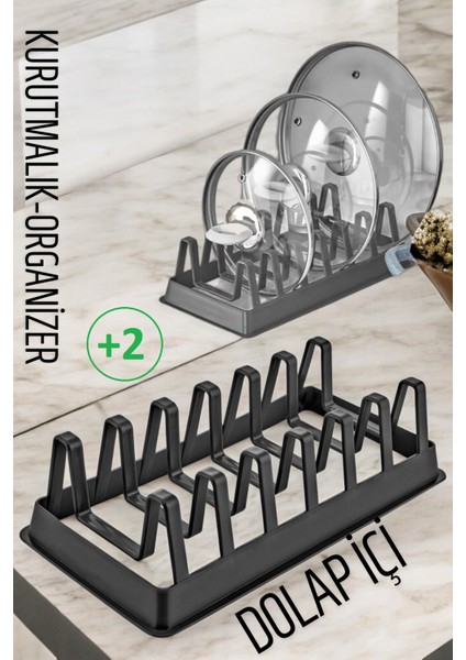 2 Adet Tabak Düzenleyici Kurutmalık Dolap Içi Tencere Kapak Organizer Siyah