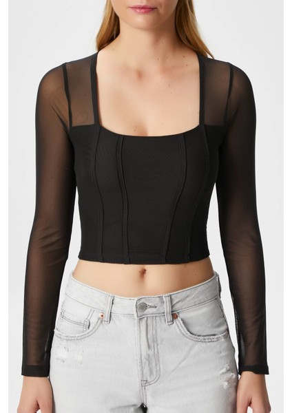 Kadın Alina Korse Görünümlü Siyah Tül Crop Bluz