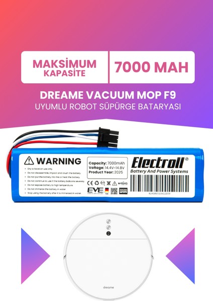 Dreame Vacuum Mop F9 Uyumlu Batarya (Maksimum Kapasite) 7000MAH Pil Robot Süpürge Batarya Değişimi
