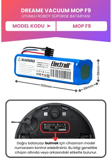 Dreame Vacuum Mop F9 Uyumlu Batarya (Maksimum Kapasite) 7000MAH Pil Robot Süpürge Batarya Değişimi fiyatları