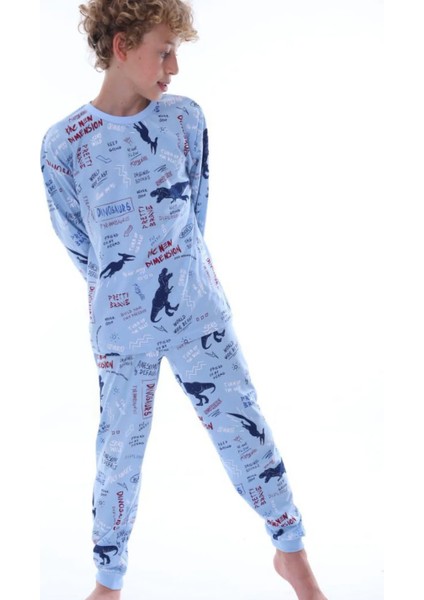 Erkek Çocuk Pamuklu Mavi Dinozor Desen Pijama Takımı