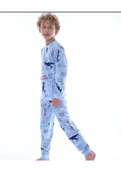 Erkek Çocuk Pamuklu Mavi Dinozor Desen Pijama Takımı fiyatları
