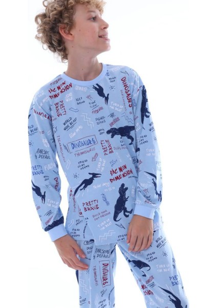 Erkek Çocuk Pamuklu Mavi Dinozor Desen Pijama Takımı modelleri