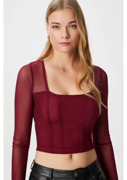 Kadın Alina Korse Görünümlü Bordo Tül Crop Bluz