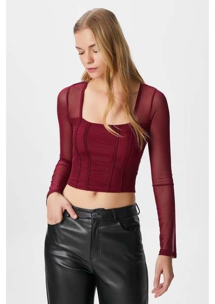Kadın Alina Korse Görünümlü Bordo Tül Crop Bluz