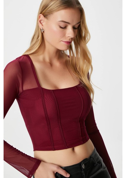 Kadın Alina Korse Görünümlü Bordo Tül Crop Bluz