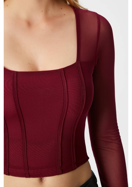 Kadın Alina Korse Görünümlü Bordo Tül Crop Bluz