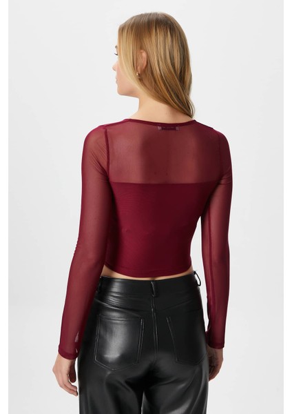 Kadın Alina Korse Görünümlü Bordo Tül Crop Bluz