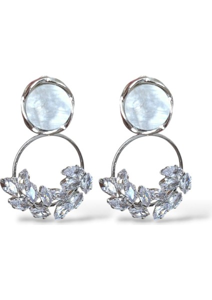 Buğday Motif Taşlı Silver Halka Çelik Küpe