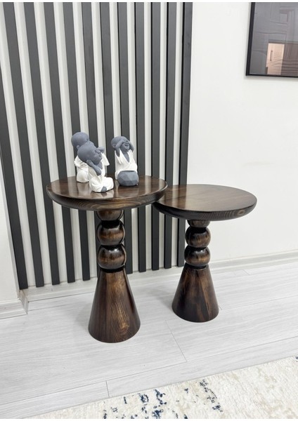 Doğal Ahşap 2'li Set Mantar Yan Sehpa Modern Ceviz Renk Fiskos Zigon Çiçeklik