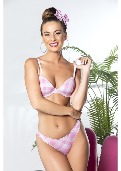Ekose Desenli, Hafif Destekli, Sütyen ve Slip Külot Takım Pembe (BRF32081)