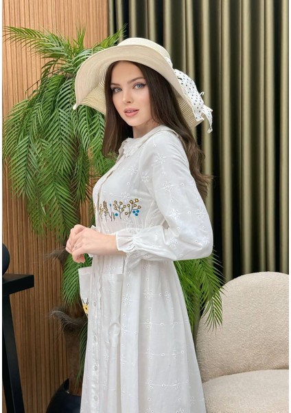 %100 Pamuk Brode Detaylı Beyaz Elbise modelleri