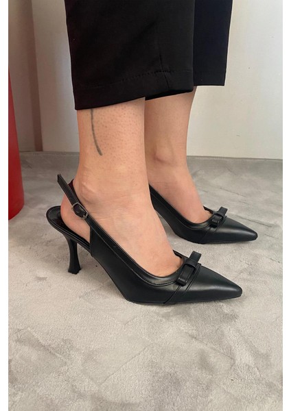 Kadın Madame Siyah Cilt Fiyonk Detaylı Arkası Acık 9 cm Ince Topuklu Ayakkabı fiyatları