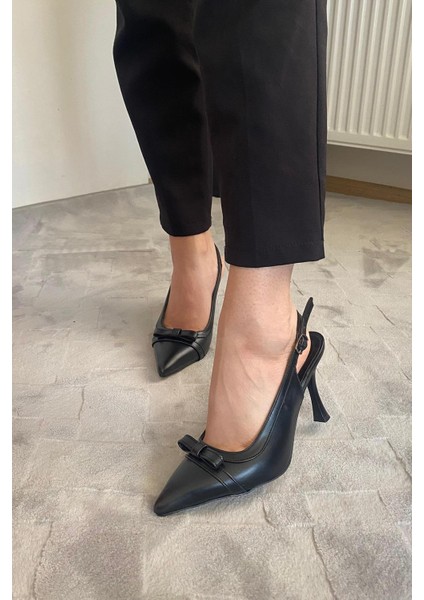 Kadın Madame Siyah Cilt Fiyonk Detaylı Arkası Acık 9 cm Ince Topuklu Ayakkabı modelleri