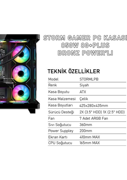 7 Argb Fanlı Oyuncu Bilgisayar Kasası 850W 80 Plus Bronz Power'lı (Siyah)