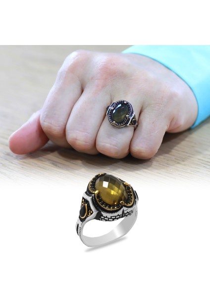 Faset Kesim Zultanit Taşlı Kral Tacı Tasarım 925 Ayar Gümüş Erkek Yüzük