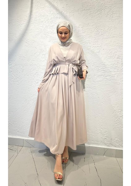 Moda Ala Belden Bağlamalı Ceketli Takım Bej