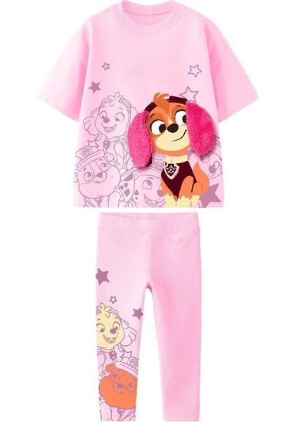 Pembe Renk Peluş Kulak Detaylı Itfaiyeci Köpek Baskılı Pamuklu T-Shirt Tayt Alt-Üst Takım