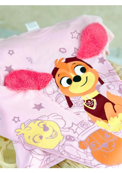 Pembe Renk Peluş Kulak Detaylı Itfaiyeci Köpek Baskılı Pamuklu T-Shirt Tayt Alt-Üst Takım modelleri