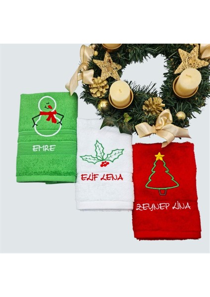 Isimli Yılbaşı 3 Lü Havlu Set Beyaz Kırmızı Yeşil 30 x 50 cm