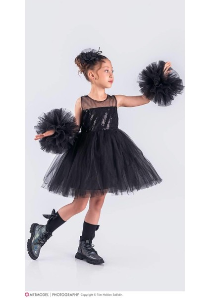 Kız Çocuk Pon Pon Kollu Tütü Etekli Elbise