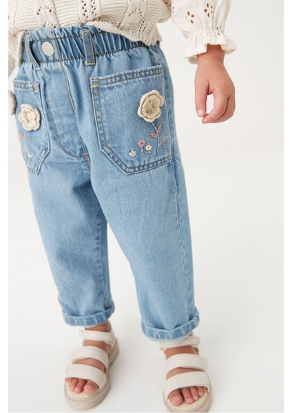 Kız Çocuk Denim Mavi Çiçek Nakışlı Kot Pantolon