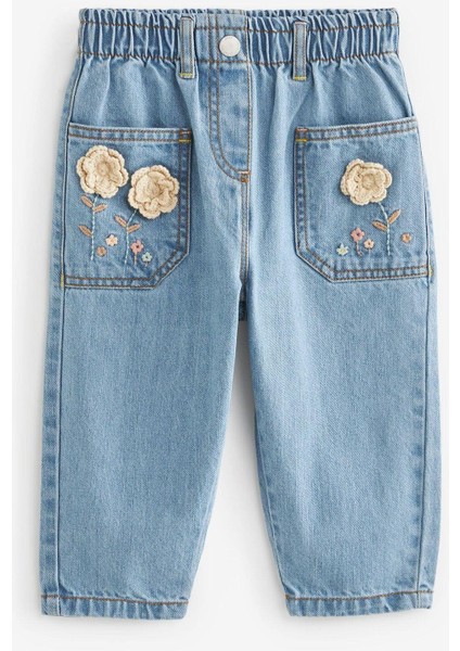 Kız Çocuk Denim Mavi Çiçek Nakışlı Kot Pantolon fiyatları