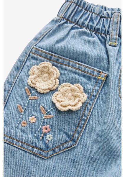 Kız Çocuk Denim Mavi Çiçek Nakışlı Kot Pantolon modelleri