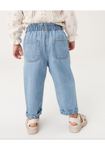 Kız Çocuk Denim Mavi Çiçek Nakışlı Kot Pantolon indirimleri