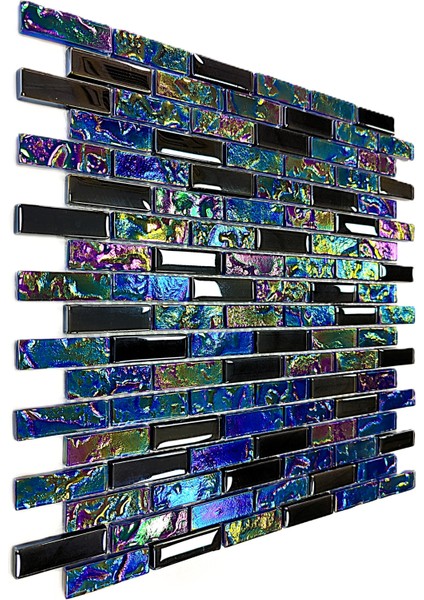 Mutfak Tezgah Arası, Banyo, Havuz, Sauna, Spa ve İç ve Dış Dekorasyonda Tüm Yüzeyler İçin, 15X48 mm ve Lüsterli Siyah – Lüsterli Mavi Karışım, 30X30 cm. Fileli Kristal Cam Mozaik