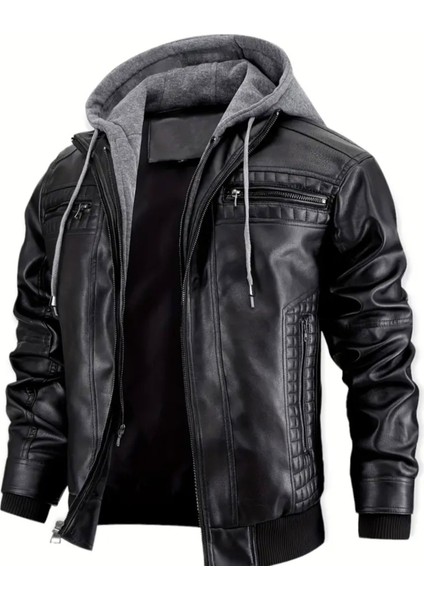 Kapüşonlu Hakiki Deri Dikiş ve Ribana Detaylı Mont