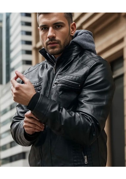 Kapüşonlu Hakiki Deri Dikiş ve Ribana Detaylı Mont fiyatları